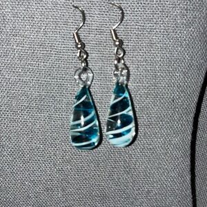 Elegant Sky Blue and Silver Tempered Glass Swirl Earrings